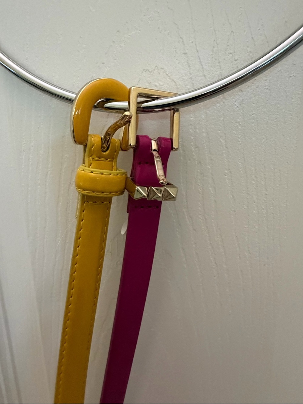 Banana Republic Yellow and Magenta Skinny Leather Belts with Gold Buckles